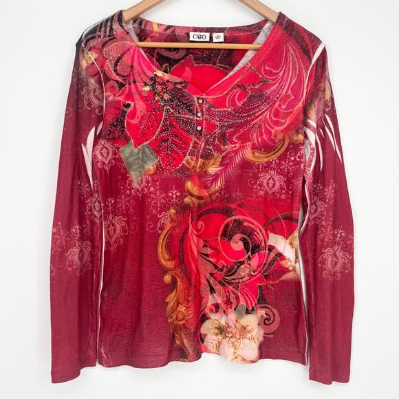Cato Red Y2K Long Sleeve Rhinestone Fall Leaves Top Size M - Picture 2 of 6